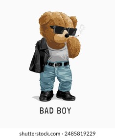 Bad Boy Slogan mit Bärenpuppe in Lederjacke Zigarettenrauchen Vektorillustration