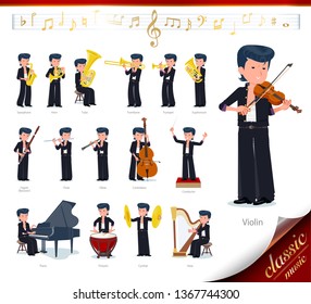 Bad boy student on classical music performances.There are actions to play various instruments such as string instruments and wind instruments.It's vector art so it's easy to edit.
