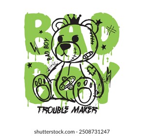 slogan de tipografia bad boy com boneca de urso graffiti arte estilo vetor ilustração para design de impressão, t shirt, streetwear, hoodie, e etc.