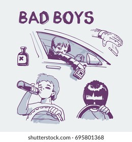 bad boys comic characters, hand drawn doodles, monochrome vector illustration.