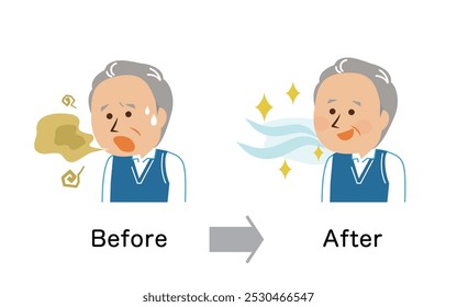 Bad breath care Senior man Cute illustration