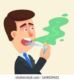 Bad breath, halitosis. Businessman holding freshener spray can and sprayed into mouth, refresh breathing. Neutralize smell from mouth. Vector illustration, flat cartoon, isolated background.