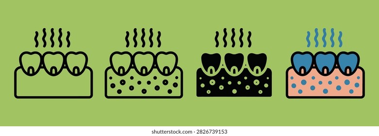 Bad breath and halitosis icon set showing teeth with odor smoke on green background