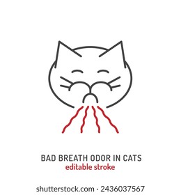 Bad breath odor in cats. Outline icon, pictogram, symbol. Sign of Illness. Common complaint of cat owners. Logo template. Editable vector illustration in linear style isolated on a white background