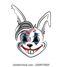 A bad bunny, hand-drawn in doodle style. Hare joker. Crazy rabbit head. Stylization of an animal with human emotions. Symbol of the year. Vector illustration.