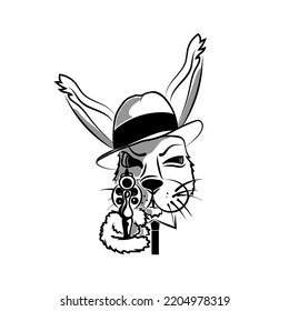 A Bad Bunny, Hand-drawn In Doodle Style. Hare Gangster. Hare's Head With A Hat. Mafia. Gun. Gun Muzzle. Stylization Of The Animal To Human Emotion. Symbol Of The Year. Vector Illustration.