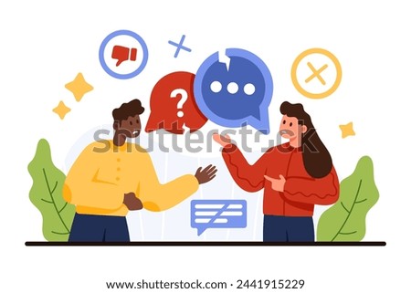 Bad business communication, problem of listening and understanding, criticism and miscommunication. Tiny people talk with misunderstanding, broken speech bubble in dialogue cartoon vector illustration