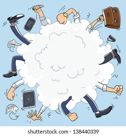 bad business team. conflict in office. Business fight cartoon cloud. illustration isolated on background. broken tablet and broken smart phone