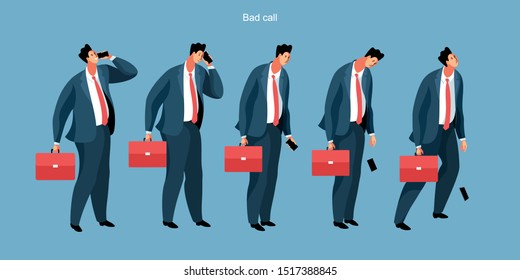 Schlechter Ruf. Reihe von Geschäftsleuten in Bürokleidung, mit Aktenkoffer und Smartphones. Comische männliche Charaktere mit unterschiedlichen Emotionen, von Freude bis Depression. Vektorgrafik