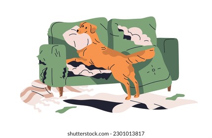 Mal comportamiento canino. Perro destruyendo muebles, dañando, rompiendo sofá. Doggy rompiendo el sofá, masticando relleno. Problemas de psicología animal. Ilustración vectorial plana aislada en fondo blanco