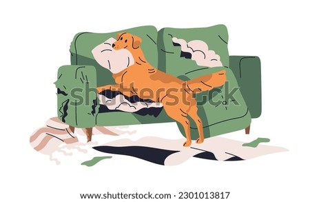 Bad canine behavior. Dog destroying furniture, damaging, ripping sofa. Doggy tearing up couch, chewing stuffing. Animal psychology trouble. Flat vector illustration isolated on white background