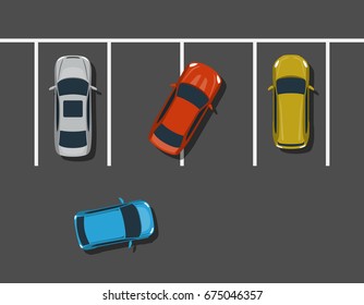 Bad Car Parking Top View Illustration. Inappropriate Parking. Rude Driver Bad Parked. Vector Illustration.