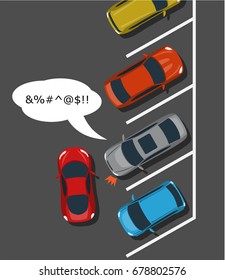 Bad Car Parking Top View Illustration. Inappropriate Parking. Rude Driver Bad Parked. Vector Illustration.