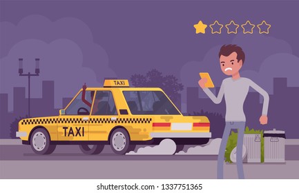 Bad car and rude driver in taxi rating app system. Angry male passenger ranking with smartphone application vehicle, service quality, route, price, safety performance at one star. Vector illustration