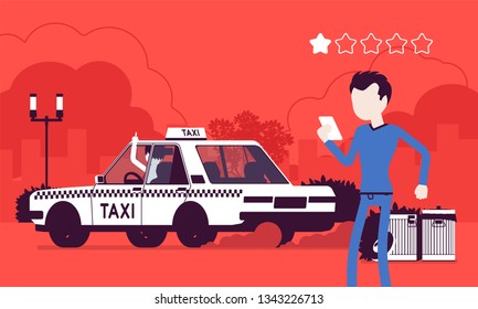 Bad car and rude driver in taxi rating app system. Angry male passenger ranking by smartphone application, service quality, route, price, safety performance. Vector illustration, faceless characters
