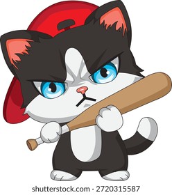 Gato Ruim Com Beisebol Bat Cartoon Kitten Vetor
