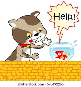 bad cat disturbing a fish in jar, vector cartoon illustration