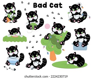 Bad Cat Set. Black cat with bad behavior. Cat spoiling things. Clipart on white background in cartoon style. Hand drawn. For print, web design.