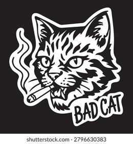 Bad cat smoking cigarette vector sticker. Grumpy cartoon feline head with cigarette smoke, edgy street art style illustration isolated on black. Angry tabby cat face smoking joint or cigarette with bad cat text typography. Vintage tattoo style feline vector illustration, t-shirt design. 
