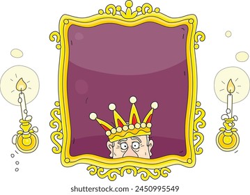 Bad ceremonial portrait of a funny king in his crown in a golden picture frame surrounded by burning candles in a royal palace of a fairytale kingdom, vector cartoon illustration on white