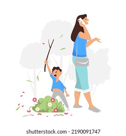 Bad Child. Bad Education. Careless Parent. Aggressive Child. Vector Illustration