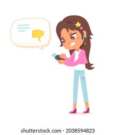 Bad comment in social media, negative online review feedback and kid vector illustration. Cartoon disappointed girl child character holding mobile phone with dislike in chat bubble isolated on white