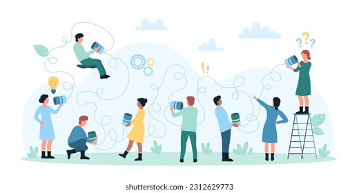 Bad communication of business team vector illustration. Cartoon tiny characters call, listen and speak with tin can telephone, misunderstanding conversation of people group with tangled toy phone