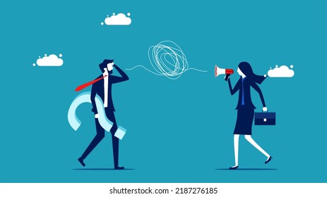 Bad Communication. Businesswoman Talking In A Chaotic Mess. Vector 