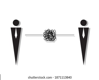Bad communication. Colleague complicated relationship. Man and Man symbol with doodle line. Problem resolve control. Don’t understand. Communicate not clear. minimal concept vector illustration.