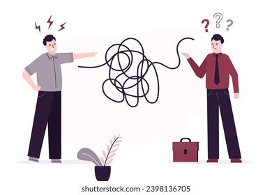 Bad communication concept. Businessmen talking through messy chaos, tangled line make people confused. Misunderstanding create confusion in work. Colleagues arguing, business conflict. flat vector