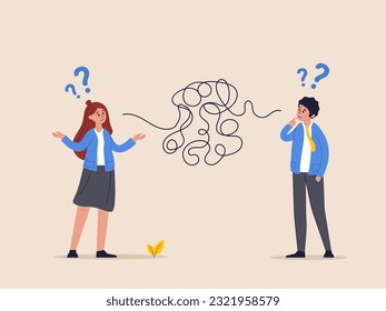 Bad communication concept. Misunderstanding create confusion in work, miscommunicate unclear message and information, businessman talking through messy chaos, tangled phone line make other confused.