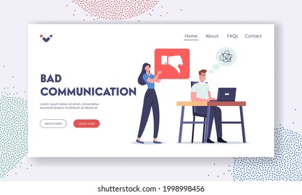 Bad Communication Landing Page Template. Businessman Need to Rework. Boss Character Yell at Office Employee Scolding for Incompetent Bad Work, Show Thumb Down. Cartoon People Vector Illustration