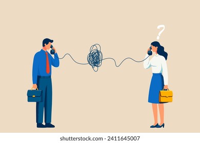 Bad communication, misunderstanding create confusion in work, miscommunicate unclear message and information concept, businessman talking through messy chaos, tangled phone line make other confused