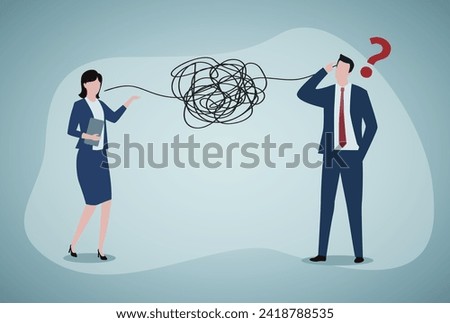 Bad communication, misunderstanding create confusion in work, miscommunicate unclear message and information concept, businessman talking through messy chaos, make other confused.