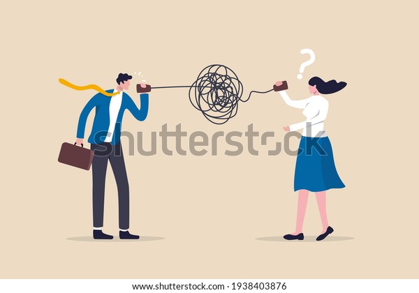Bad communication, misunderstanding create\
confusion in work, miscommunicate unclear message and information\
concept, businessman talking through messy chaos, tangled phone\
line make other confused.
