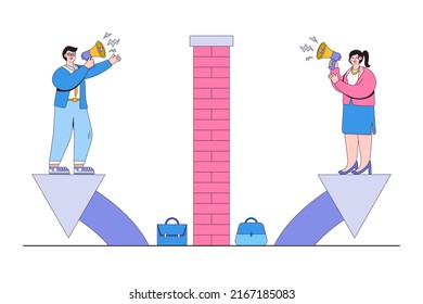 Bad communication, misunderstanding, and miscommunication of information create confusion at work concepts. Businessman and businesswoman shouting each other with megaphone separated by wall.