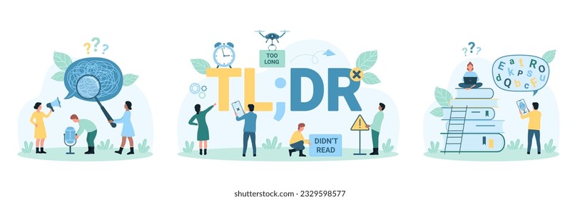 Bad communication set vector illustration. Cartoon tiny people standing at TLDR abbreviation, holding microphone, megaphone and magnifying glass to research and understand jargon words and slang