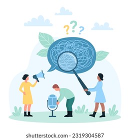 Bad communication vector illustration. Cartoon tiny people team holding microphone, megaphone and magnifying glass to research and understand miscommunication chaos of confusion in chat speech bubble