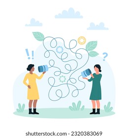 Bad communication vector illustration. Cartoon tiny girls with tin can telephone have miscommunication barrier, confused women friends listening phone on tangled network string and misunderstanding