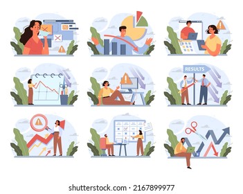 Bad consequences concept set. Business character making action and dealing with a result of it. Person making bad business descisions. Aftermath problem or bad luck. Flat vector illustration