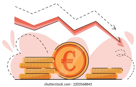 Bad contraction of the economy, Market crash, Bankruptcy, Budget recession, Investment spending. World financial crisis, Falling oil prices, Collapse of the economy. vector coin euro down arrow graph