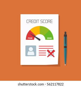 Bad credit score document with not approved stamp vector concept, paper sheet poor chart of personal credit score information, data report form, declined, failed