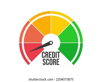 Bad credit score. Credit rating indicator isolated on white background. The arrow points to red. Credit score gauge. Design for app, banner and poster. Vector illustration