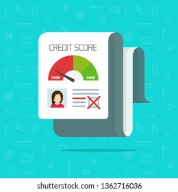 Bad Credit Score Report Vector Illustration, Flat Cartoon Credit History Document Check, Financial Rating Personal Data  Icon Isolated, 