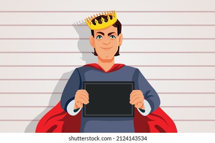 
Bad Criminal Prince Mugshot Vector Cartoon Illustration. Evil fraud king committing white collar crimes being caught by police
