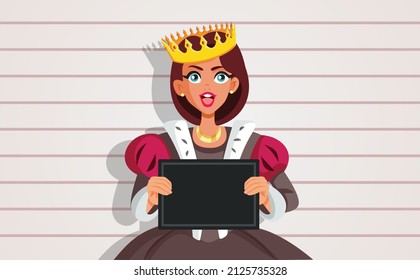 
Bad Criminal Princess Mugshot Vector Cartoon Illustration. Evil queen committing paying for her bad deeds 
