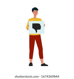 Schlechtes Kundenerlebnis Konzept der vorsichtigen Mann mit Fingerabdruck-Banner, Cartoon-Flachbild-Illustration einzeln auf weißem Hintergrund. Negative Rückmeldung oder niedriges Rating.