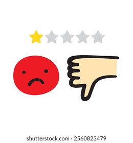 Bad customer experience. One star rating review. Unhappy red face. Flat design. Illustration on white background.