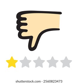 Bad customer experience. Thumb down. One star rating review. Flat design. Illustration on white background.