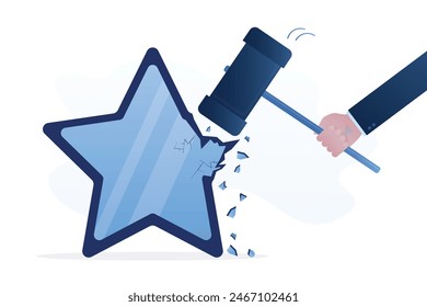 Bad customer experience. User hand use hammer and broke big star. Online survey. Feedback, voting. Quality control. Testimonials, negative review, dissatisfaction concept. Flat vector illustration